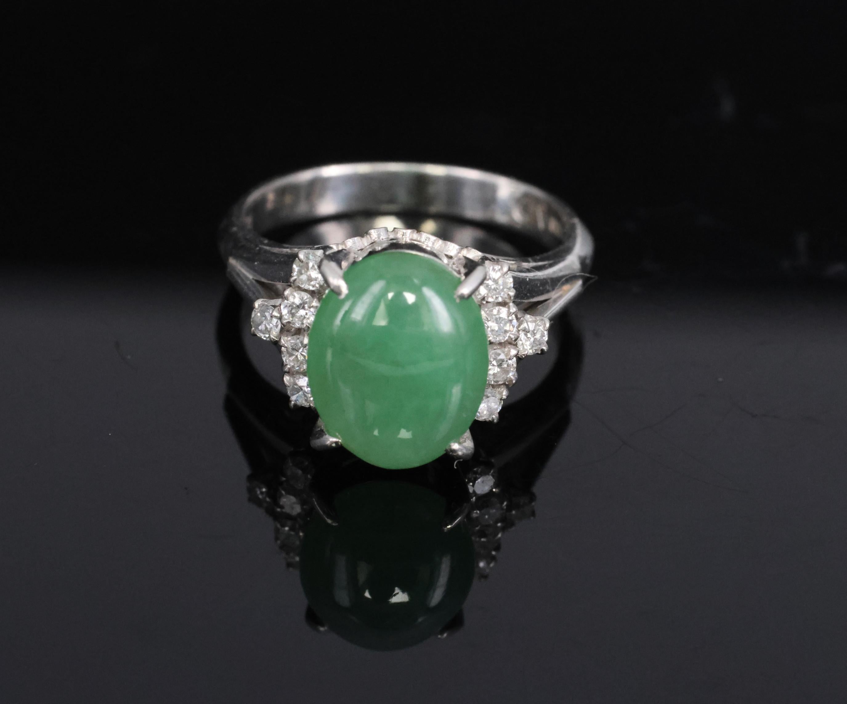 Fine 2.45ct Natural Jadeite Jade & 0.24ct Diamond Platinum Ring, Size 6