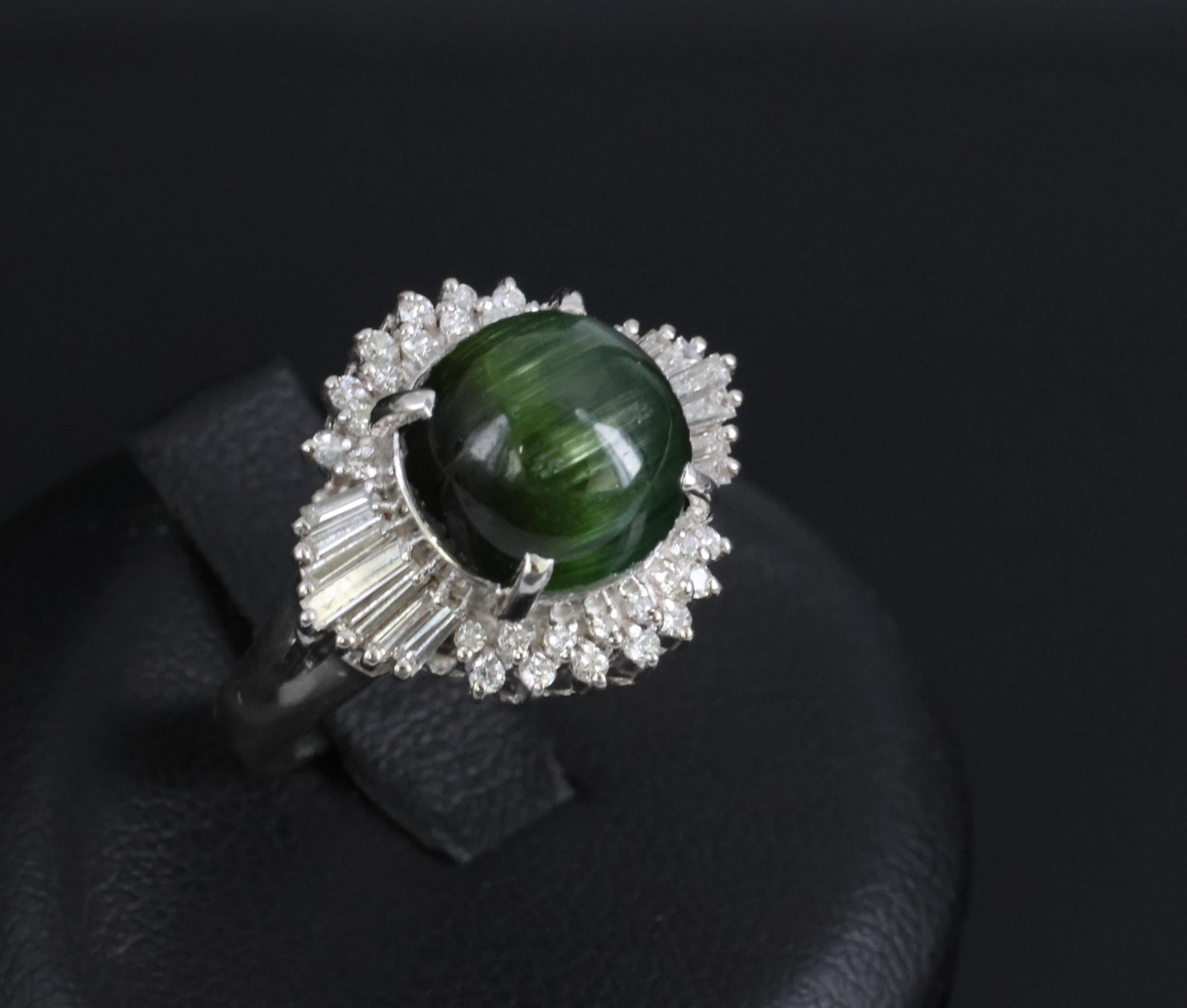 Vintage 4.02ct Cats Eye Green Tourmaline & 0.50ct Diamond Platinum Ring Size 5.5