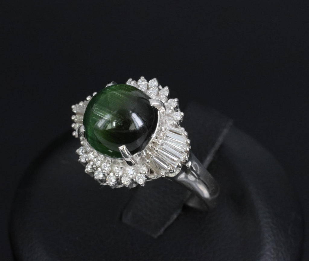 Vintage 4.02ct Cats Eye Green Tourmaline & 0.50ct Diamond Platinum Ring Size 5.5