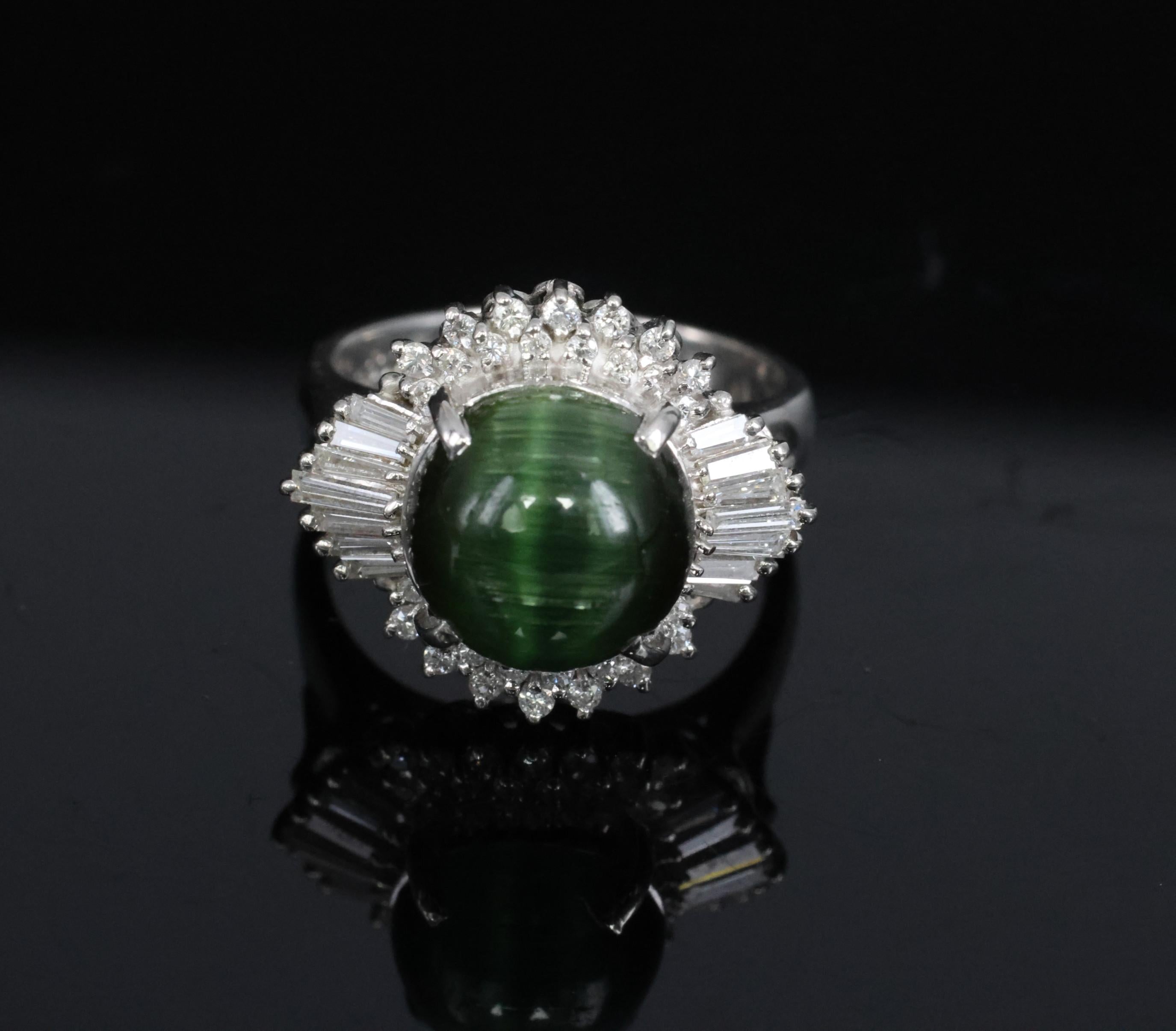 Vintage 4.02ct Cats Eye Green Tourmaline & 0.50ct Diamond Platinum Ring Size 5.5
