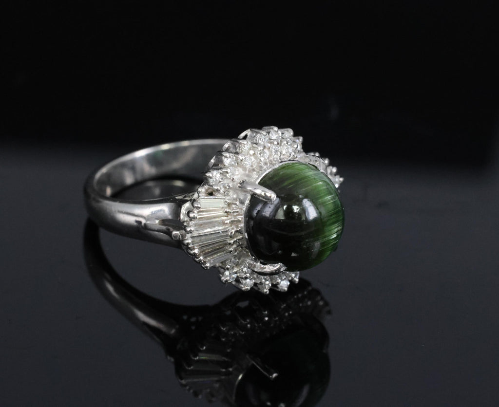 Vintage 4.02ct Cats Eye Green Tourmaline & 0.50ct Diamond Platinum Ring Size 5.5