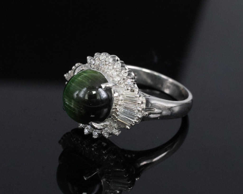 Vintage 4.02ct Cats Eye Green Tourmaline & 0.50ct Diamond Platinum Ring Size 5.5