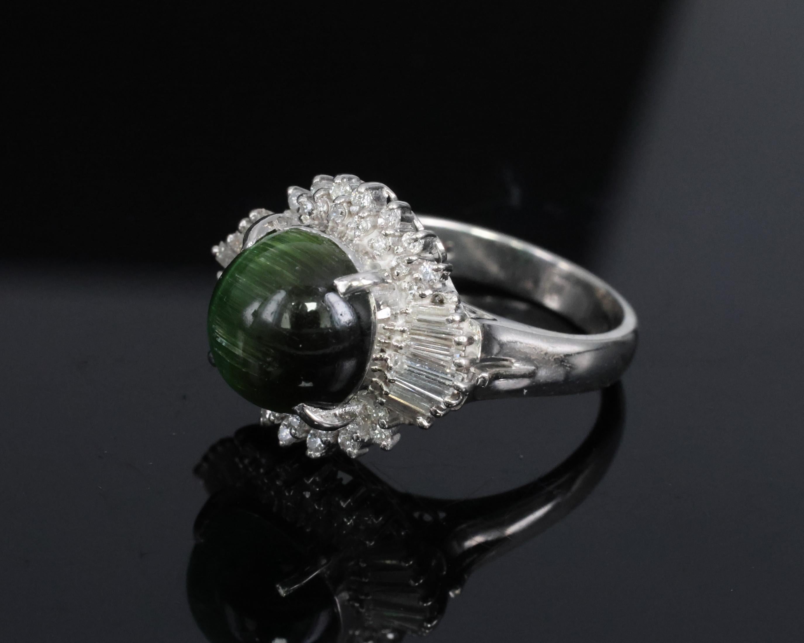 Vintage 4.02ct Cats Eye Green Tourmaline & 0.50ct Diamond Platinum Ring Size 5.5