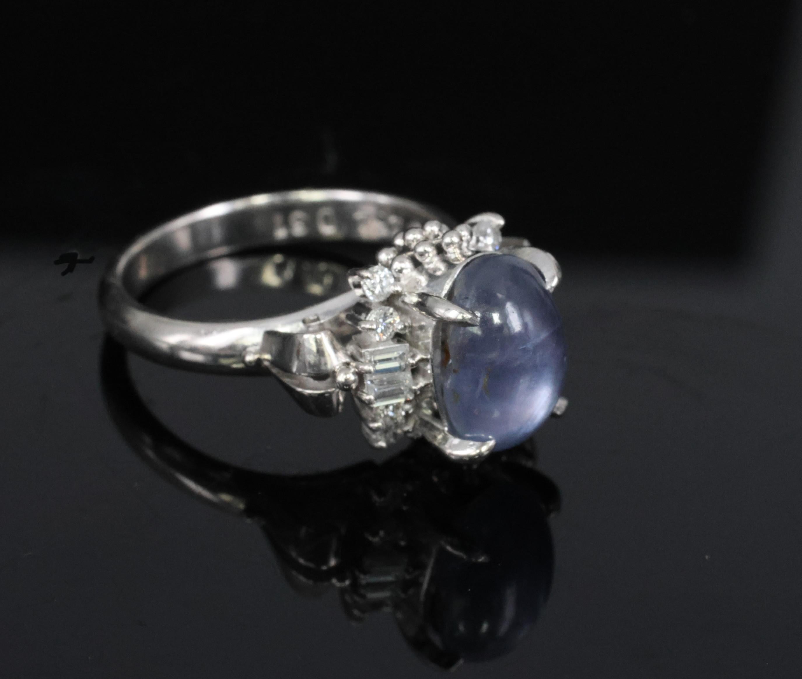 4.54ct Natural Purple Blue Star Sapphire 0.31ct Diamond Platinum Ring, Size 6.25