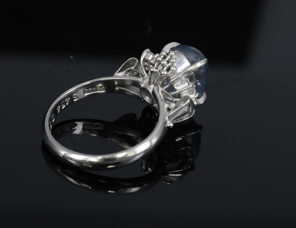 4.54ct Natural Purple Blue Star Sapphire 0.31ct Diamond Platinum Ring, Size 6.25
