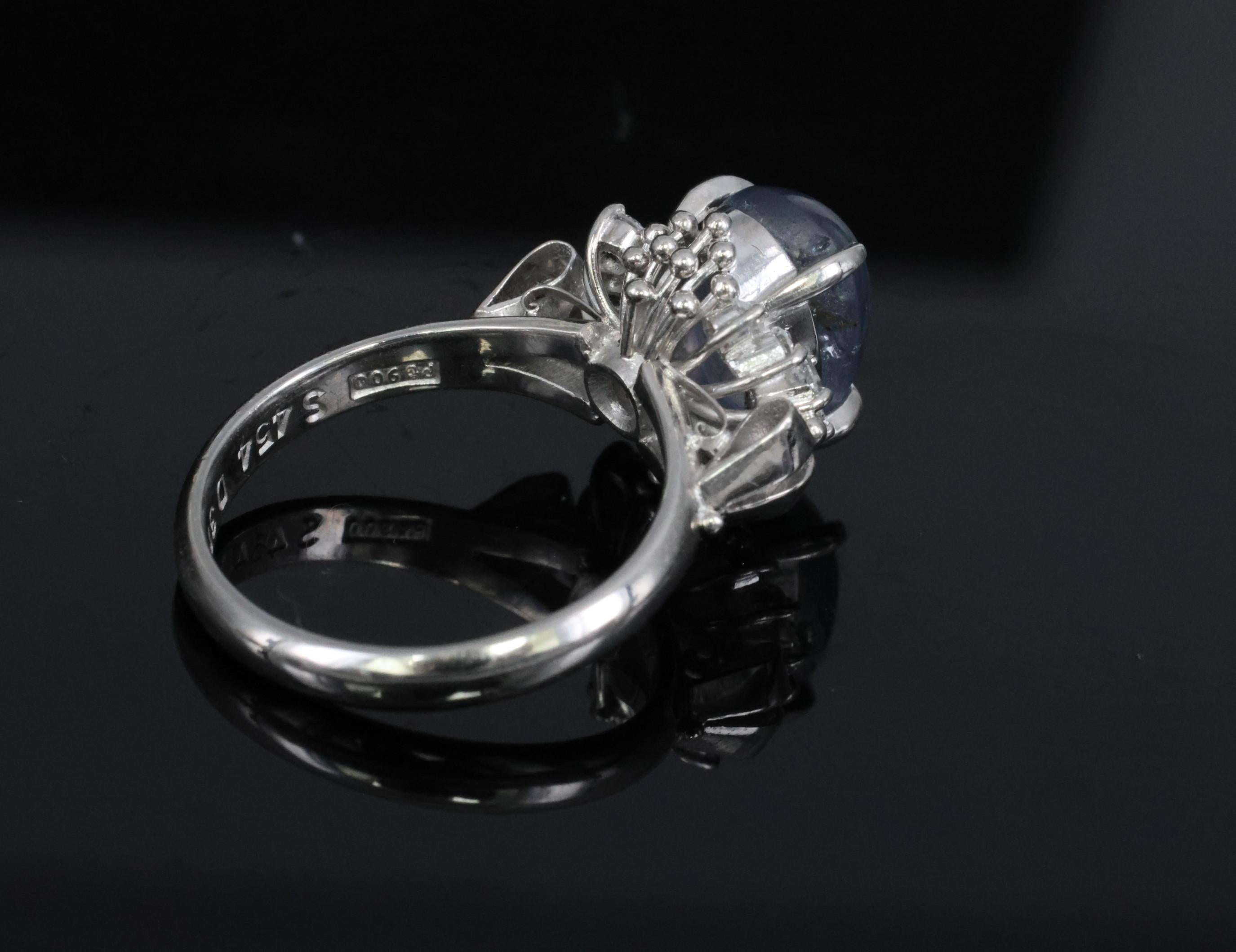 4.54ct Natural Purple Blue Star Sapphire 0.31ct Diamond Platinum Ring, Size 6.25