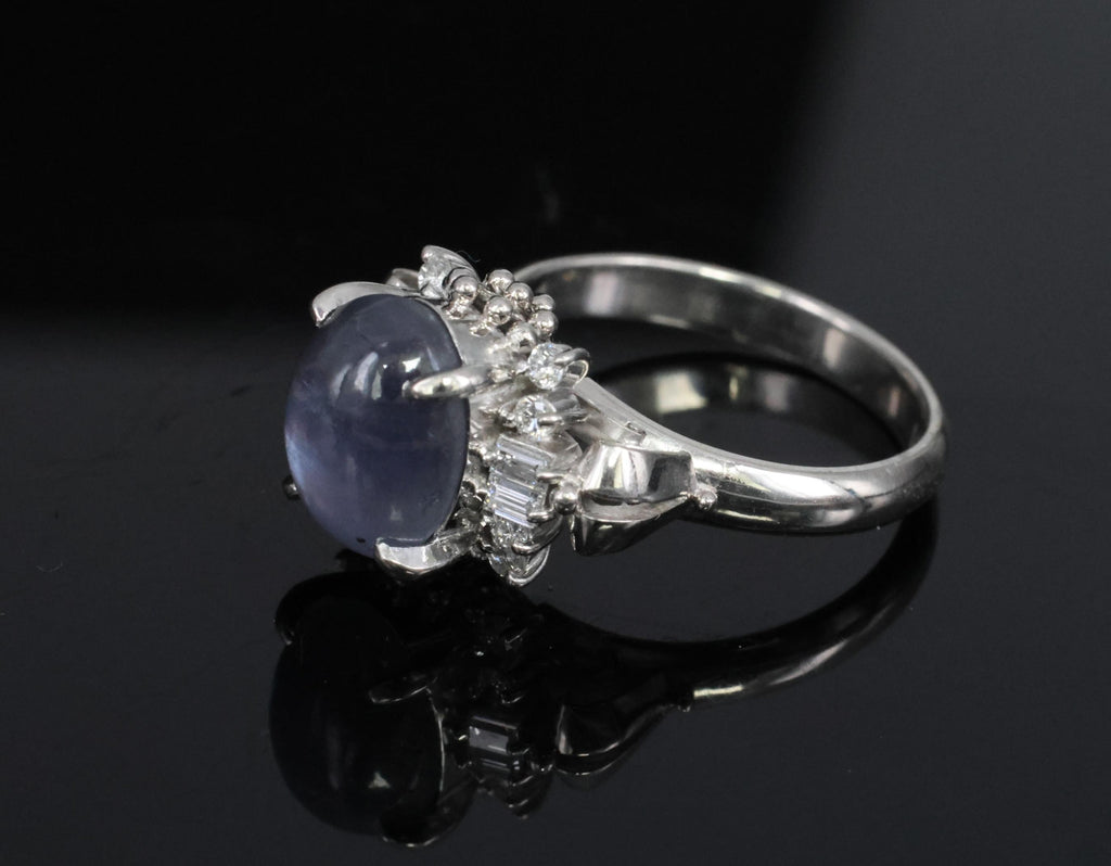 4.54ct Natural Purple Blue Star Sapphire 0.31ct Diamond Platinum Ring, Size 6.25