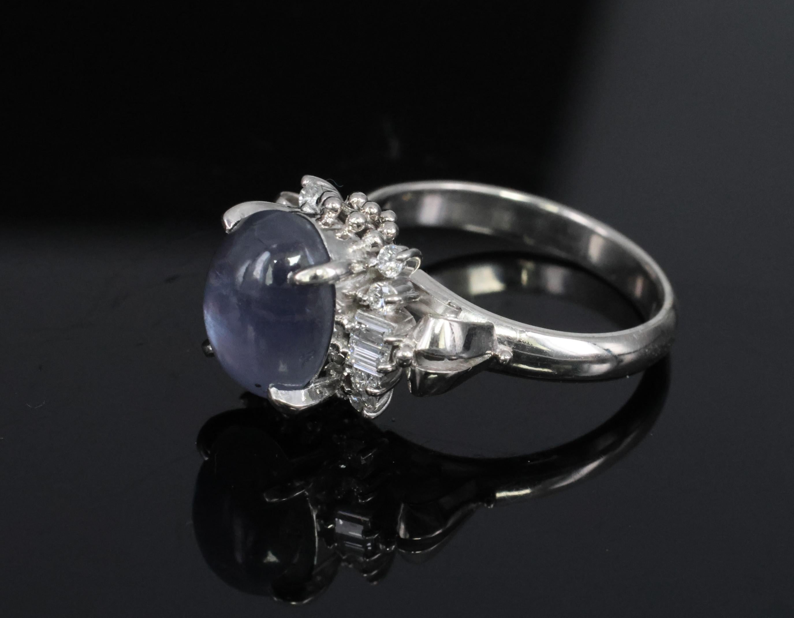 4.54ct Natural Purple Blue Star Sapphire 0.31ct Diamond Platinum Ring, Size 6.25