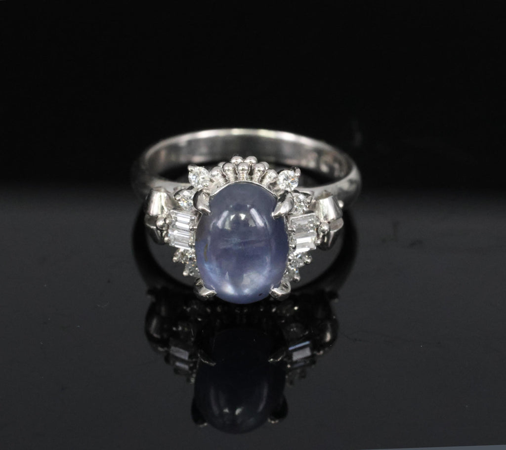 4.54ct Natural Purple Blue Star Sapphire 0.31ct Diamond Platinum Ring, Size 6.25