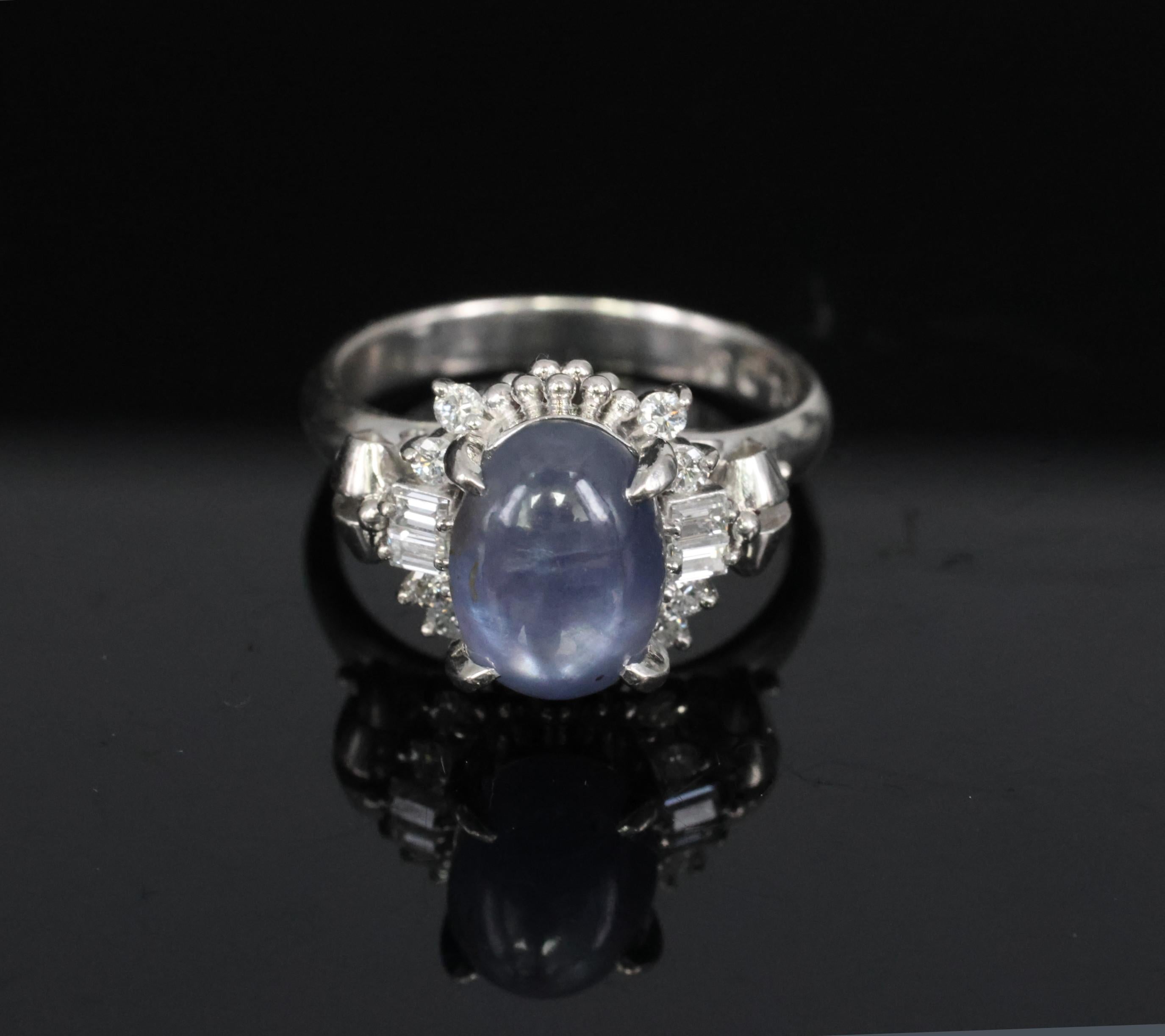 4.54ct Natural Purple Blue Star Sapphire 0.31ct Diamond Platinum Ring, Size 6.25