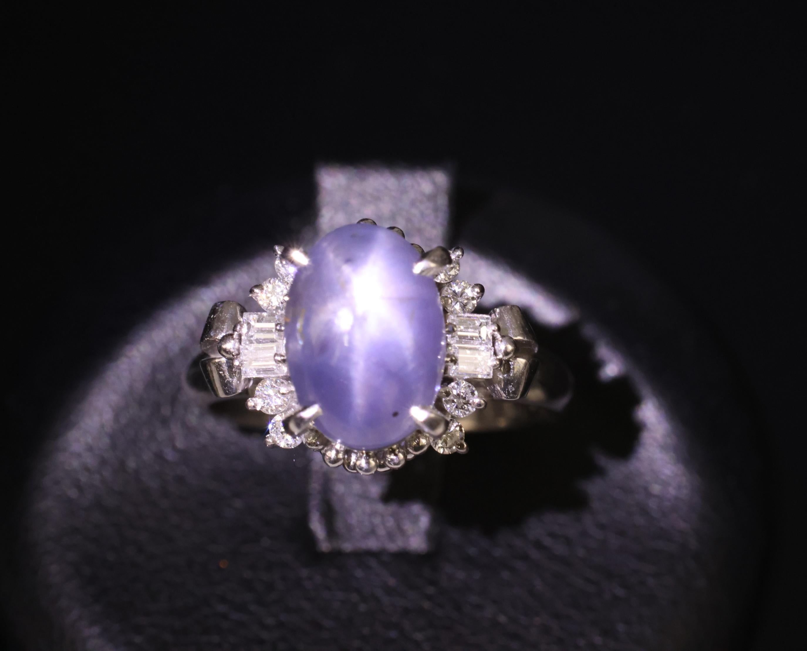 4.54ct Natural Purple Blue Star Sapphire 0.31ct Diamond Platinum Ring, Size 6.25