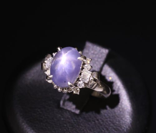 4.54ct Natural Purple Blue Star Sapphire 0.31ct Diamond Platinum Ring, Size 6.25