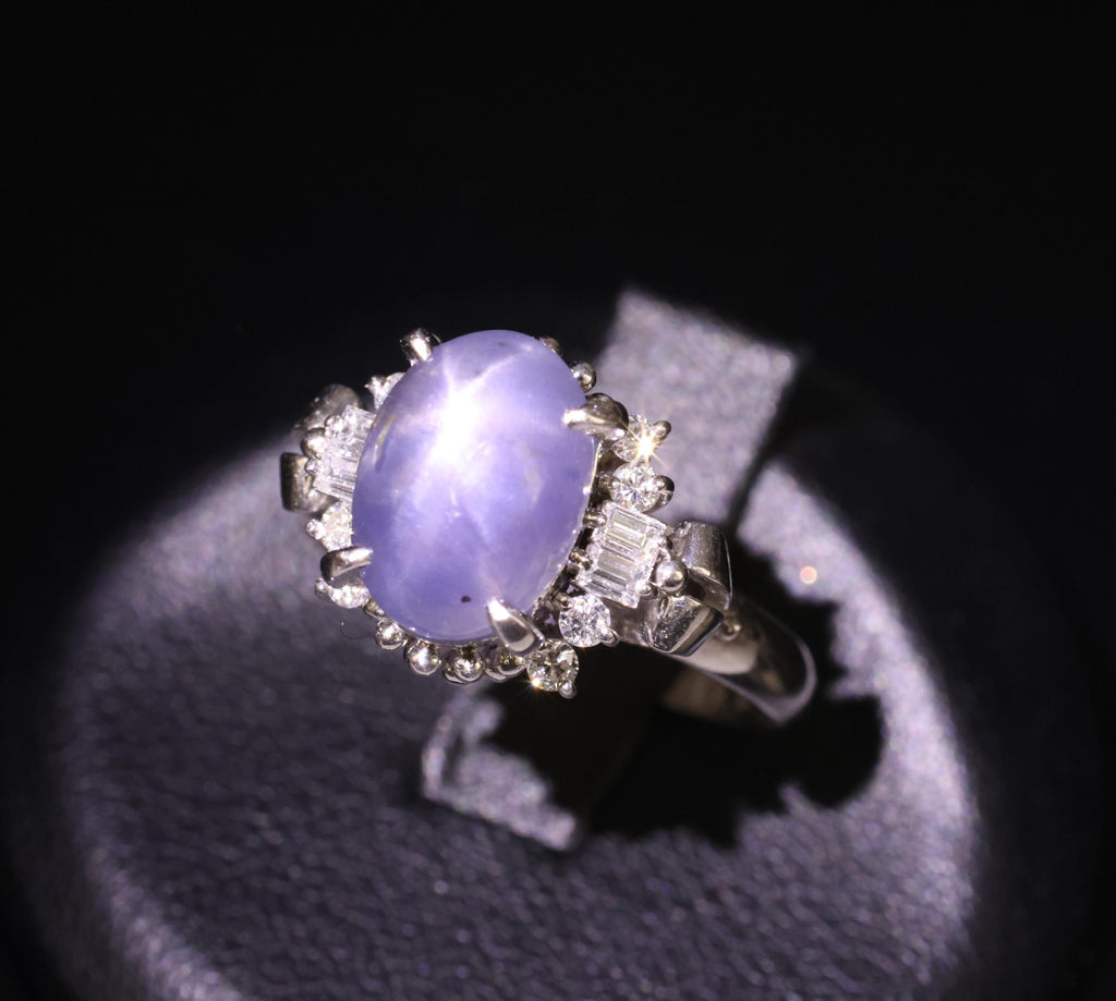 4.54ct Natural Purple Blue Star Sapphire 0.31ct Diamond Platinum Ring, Size 6.25