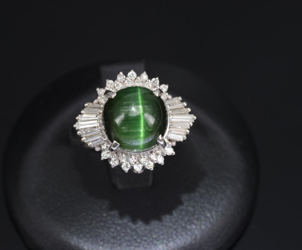 Vintage 4.02ct Cats Eye Green Tourmaline & 0.50ct Diamond Platinum Ring Size 5.5