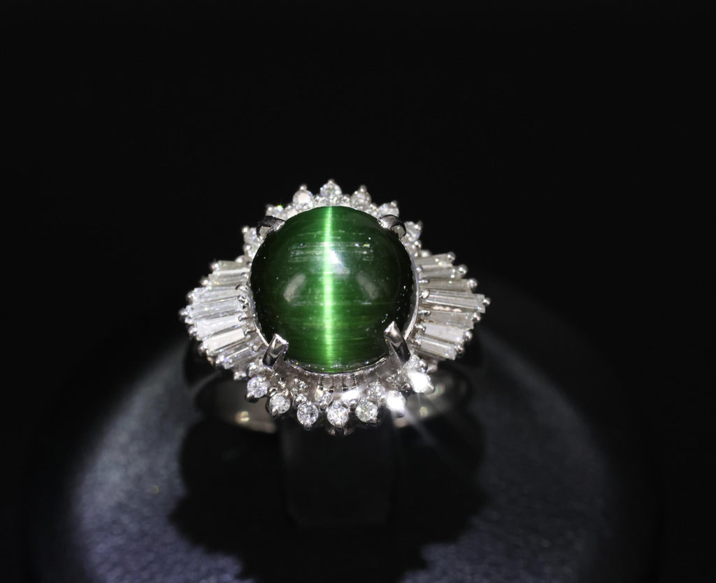 Vintage 4.02ct Cats Eye Green Tourmaline & 0.50ct Diamond Platinum Ring Size 5.5