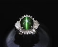 Vintage 4.02ct Cats Eye Green Tourmaline & 0.50ct Diamond Platinum Ring Size 5.5