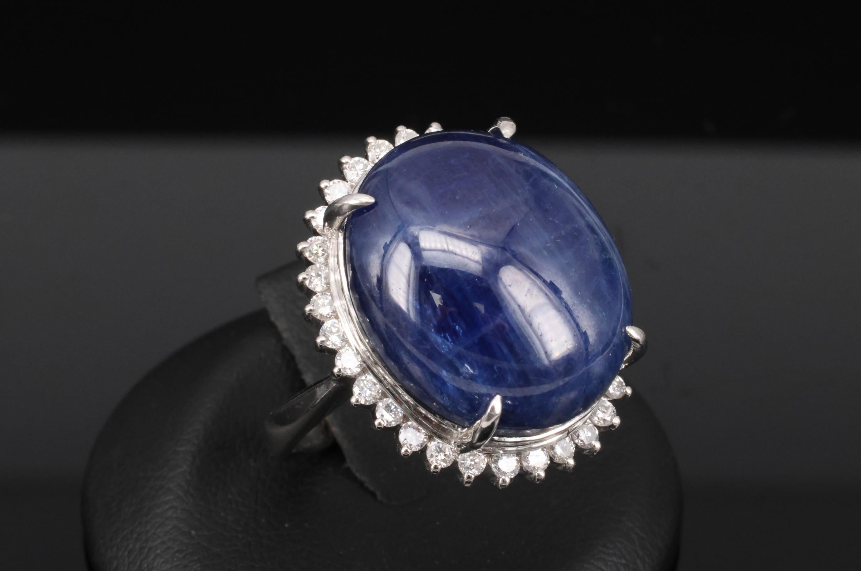 Vintage 38.71ct Natural Blue Sapphire & 0.74ct Diamond Platinum Ring, Size 9.75