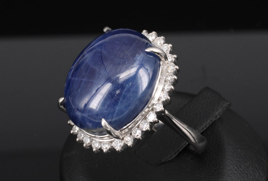 Vintage 38.71ct Natural Blue Sapphire & 0.74ct Diamond Platinum Ring, Size 9.75