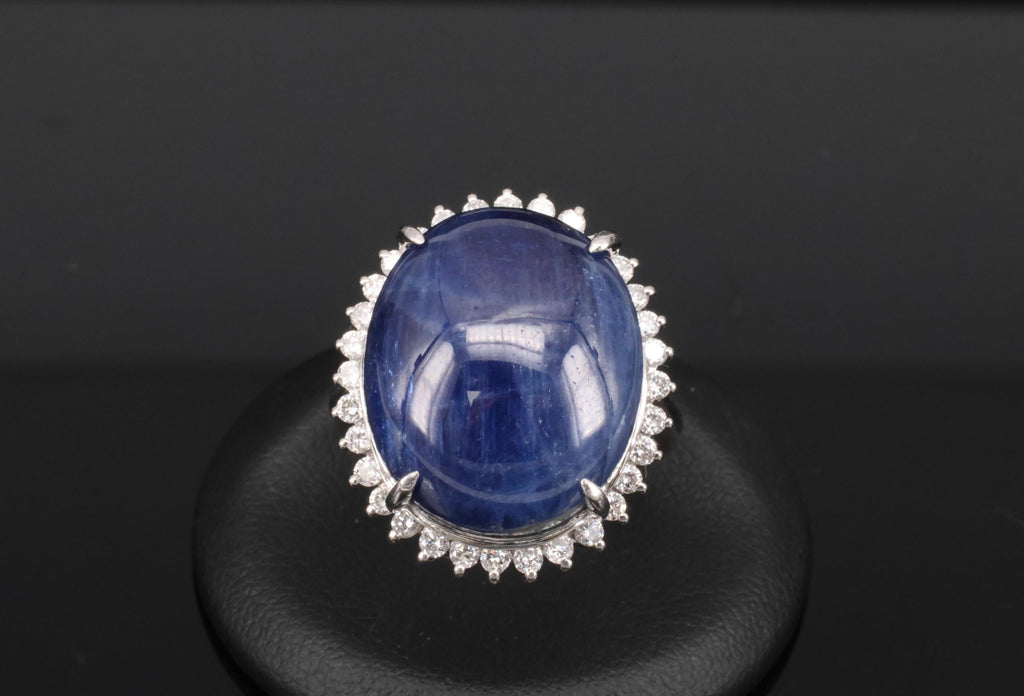Vintage 38.71ct Natural Blue Sapphire & 0.74ct Diamond Platinum Ring, Size 9.75