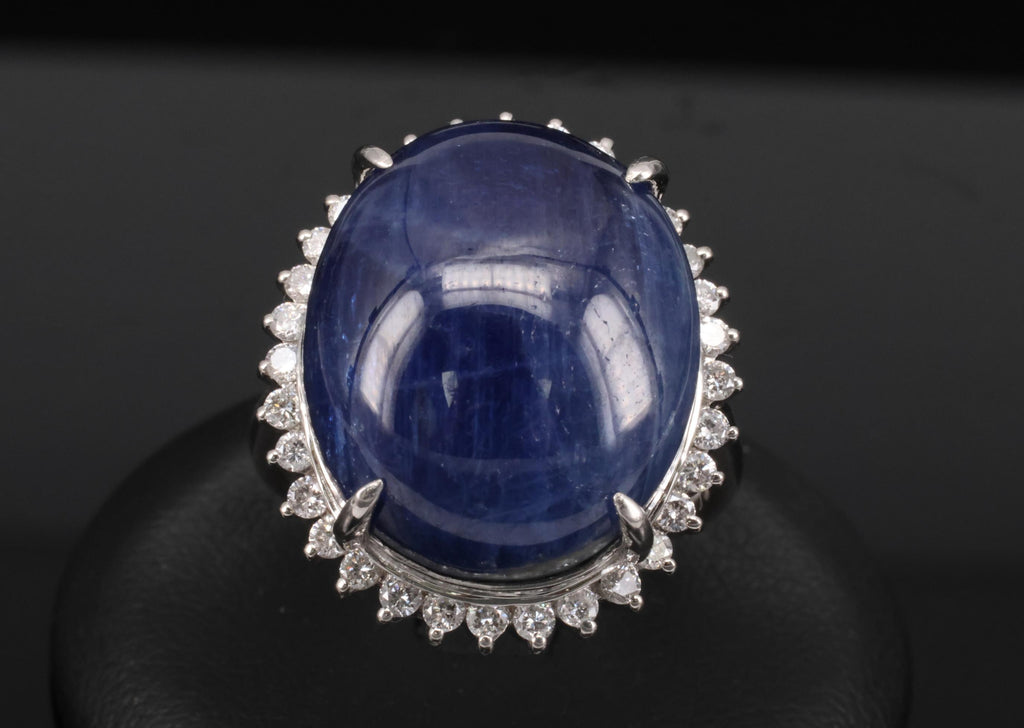 Vintage 38.71ct Natural Blue Sapphire & 0.74ct Diamond Platinum Ring, Size 9.75
