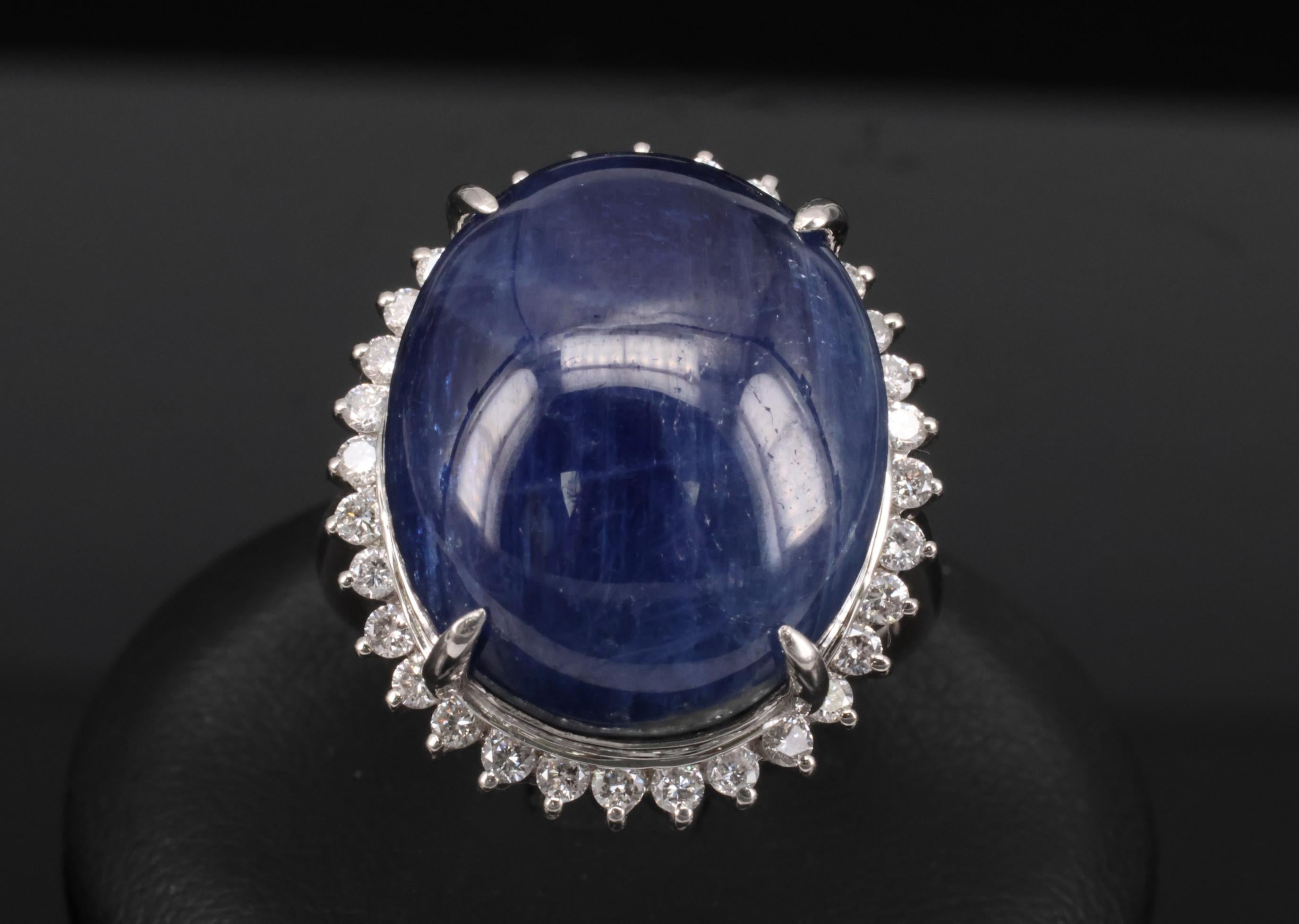 Vintage 38.71ct Natural Blue Sapphire & 0.74ct Diamond Platinum Ring, Size 9.75