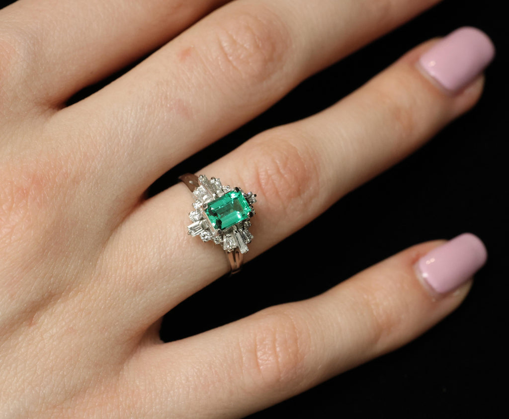 Fine 0.91ct GIA Colombian Emerald 0.51ct Diamond Platinum Ring Size 6.25