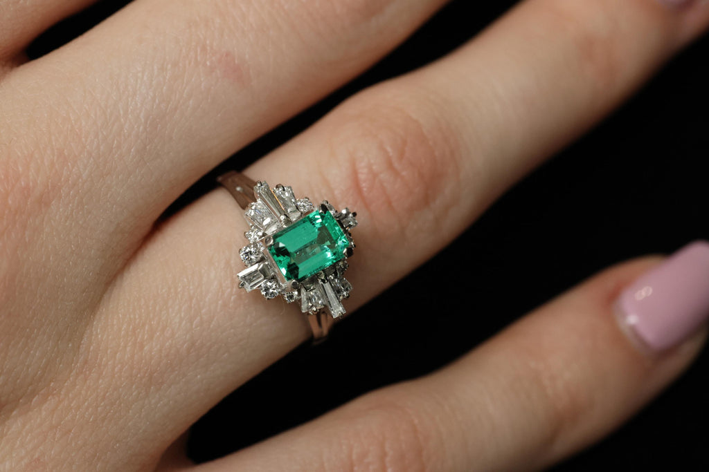 Fine 0.91ct GIA Colombian Emerald 0.51ct Diamond Platinum Ring Size 6.25