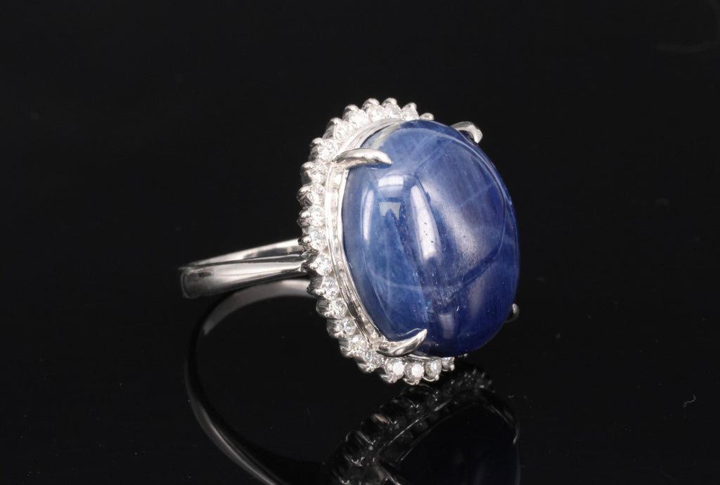 Vintage 38.71ct Natural Blue Sapphire & 0.74ct Diamond Platinum Ring, Size 9.75
