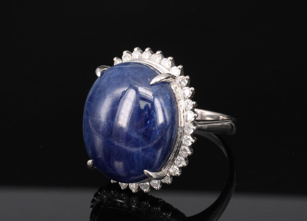 Vintage 38.71ct Natural Blue Sapphire & 0.74ct Diamond Platinum Ring, Size 9.75