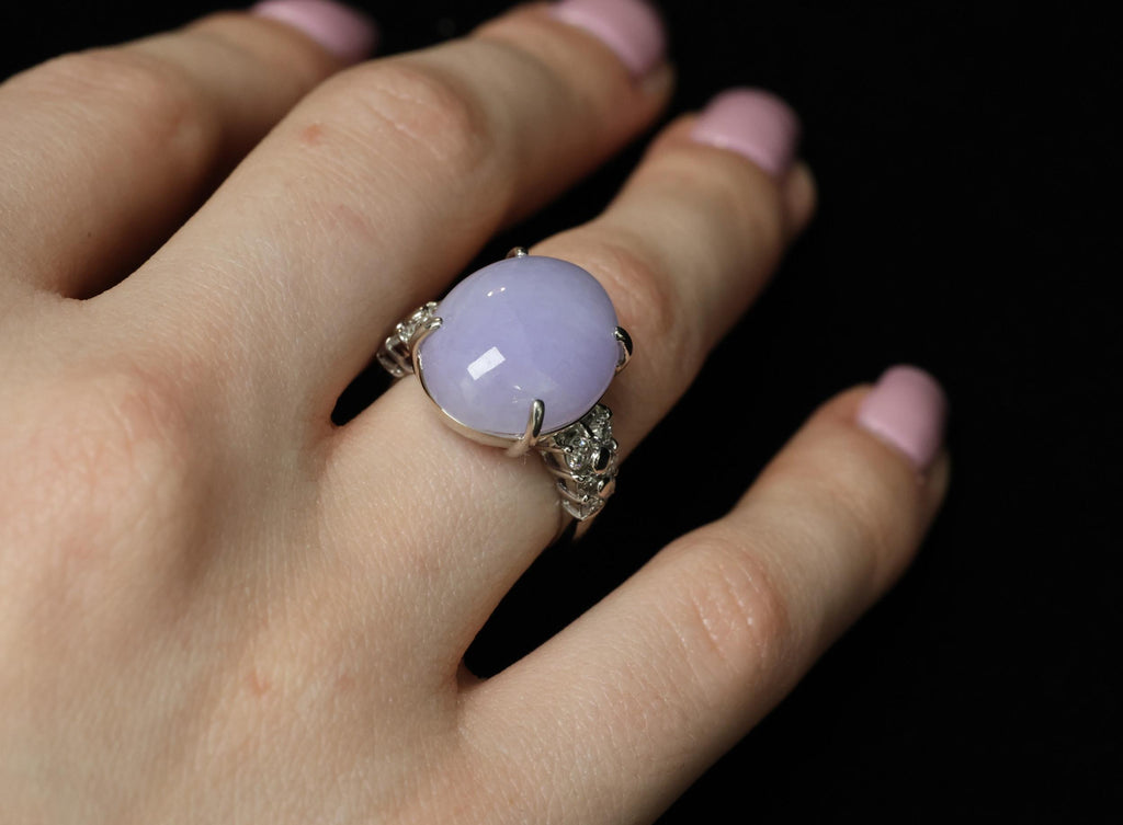 16.25ct Natural Lavender Jadeite Jade 0.69ct Diamond Platinum Ring Size 6.5