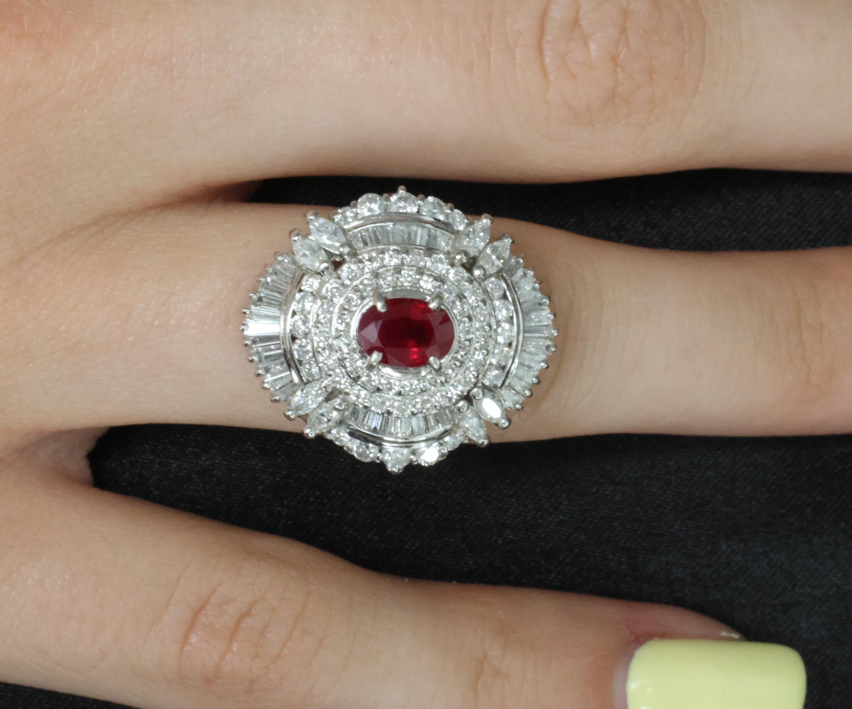 Vintage 1.21ct GIA Certified Burma Ruby & 1.99ct Diamond Platinum Ring, Size 6