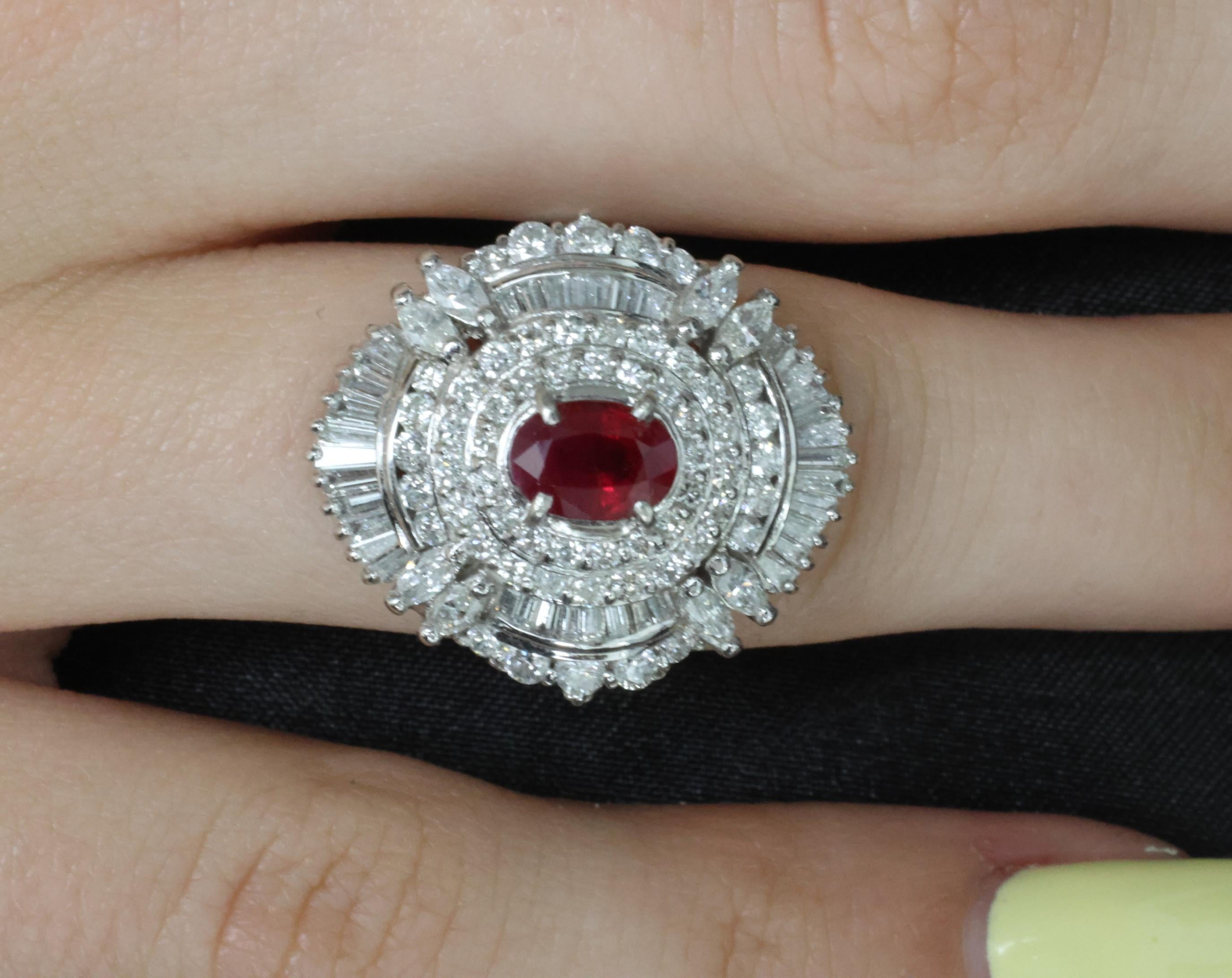 Vintage 1.21ct GIA Certified Burma Ruby & 1.99ct Diamond Platinum Ring, Size 6