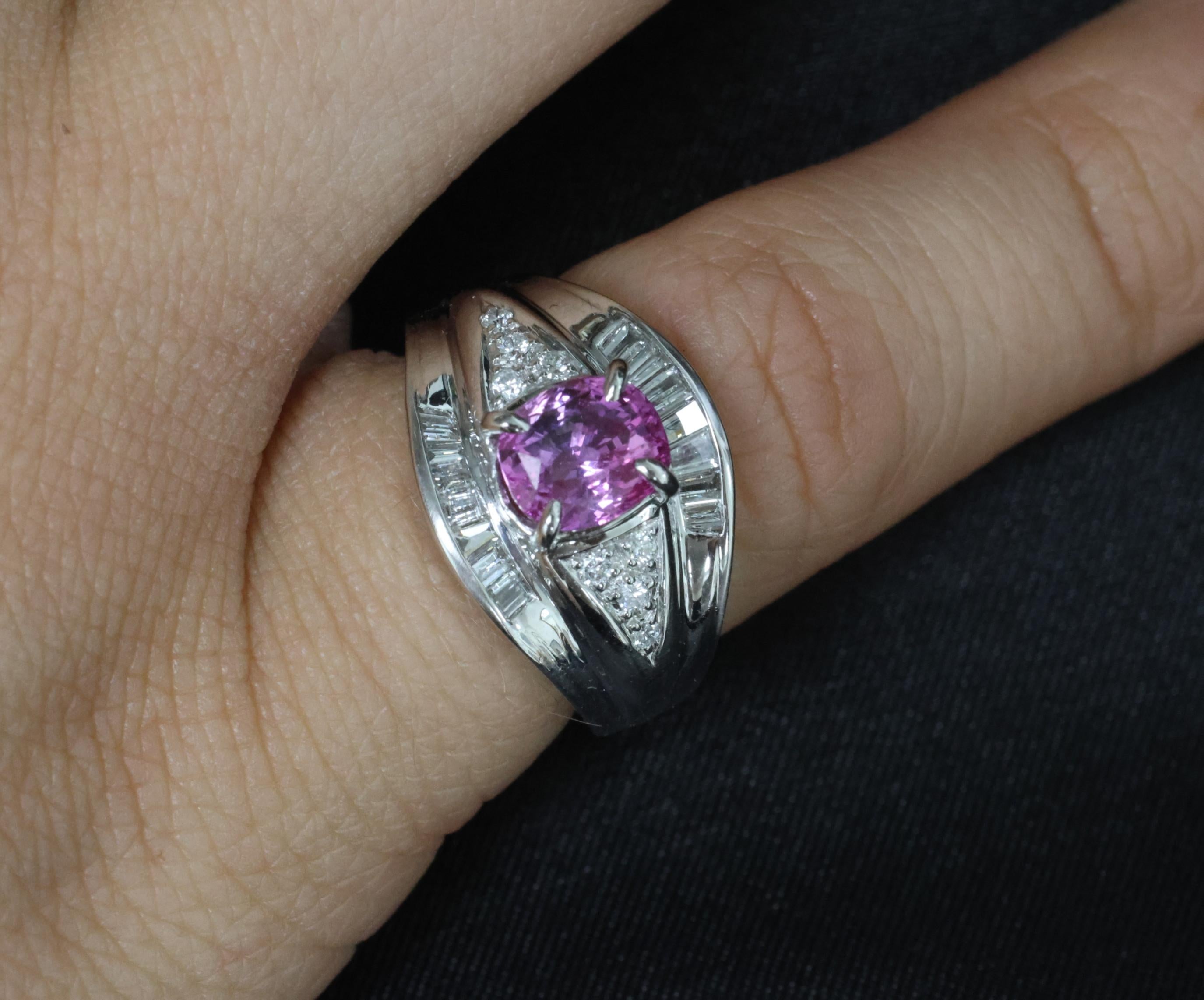 2.12ct GIA Certified Vivid Pink Sapphire & 0.54ct Diamond Platinum Ring Size 5