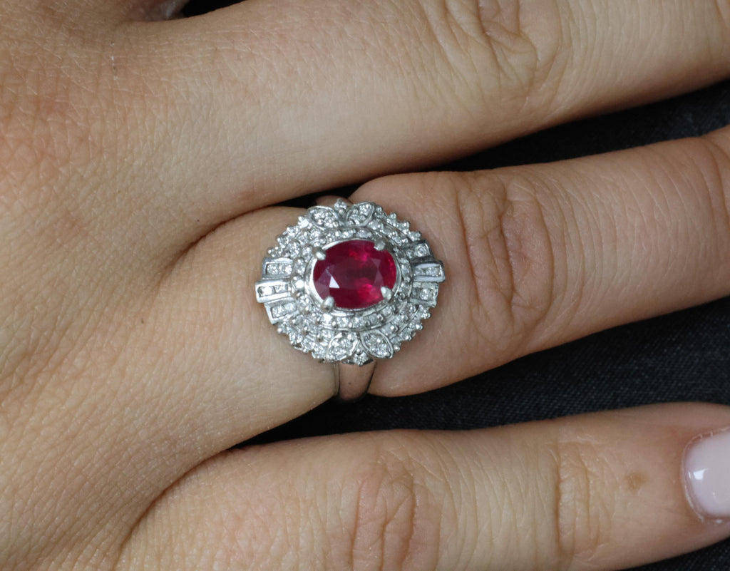 Fine Intense Red 1.58ct GIA Burma Ruby & 0.39ct Diamond Platinum Ring, Size 6.25