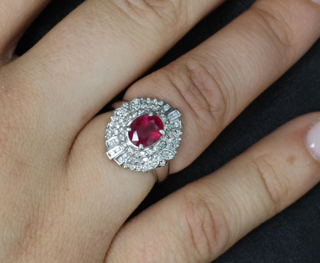 Fine Intense Red 1.58ct GIA Burma Ruby & 0.39ct Diamond Platinum Ring, Size 6.25