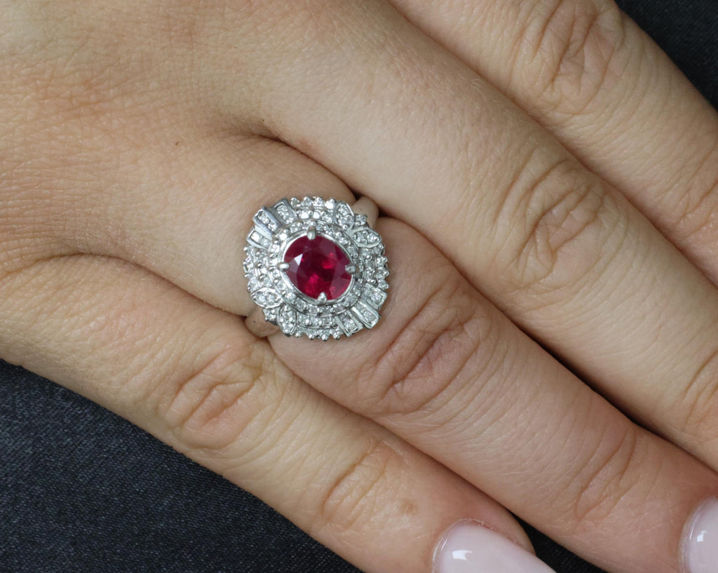 Fine Intense Red 1.58ct GIA Burma Ruby & 0.39ct Diamond Platinum Ring, Size 6.25