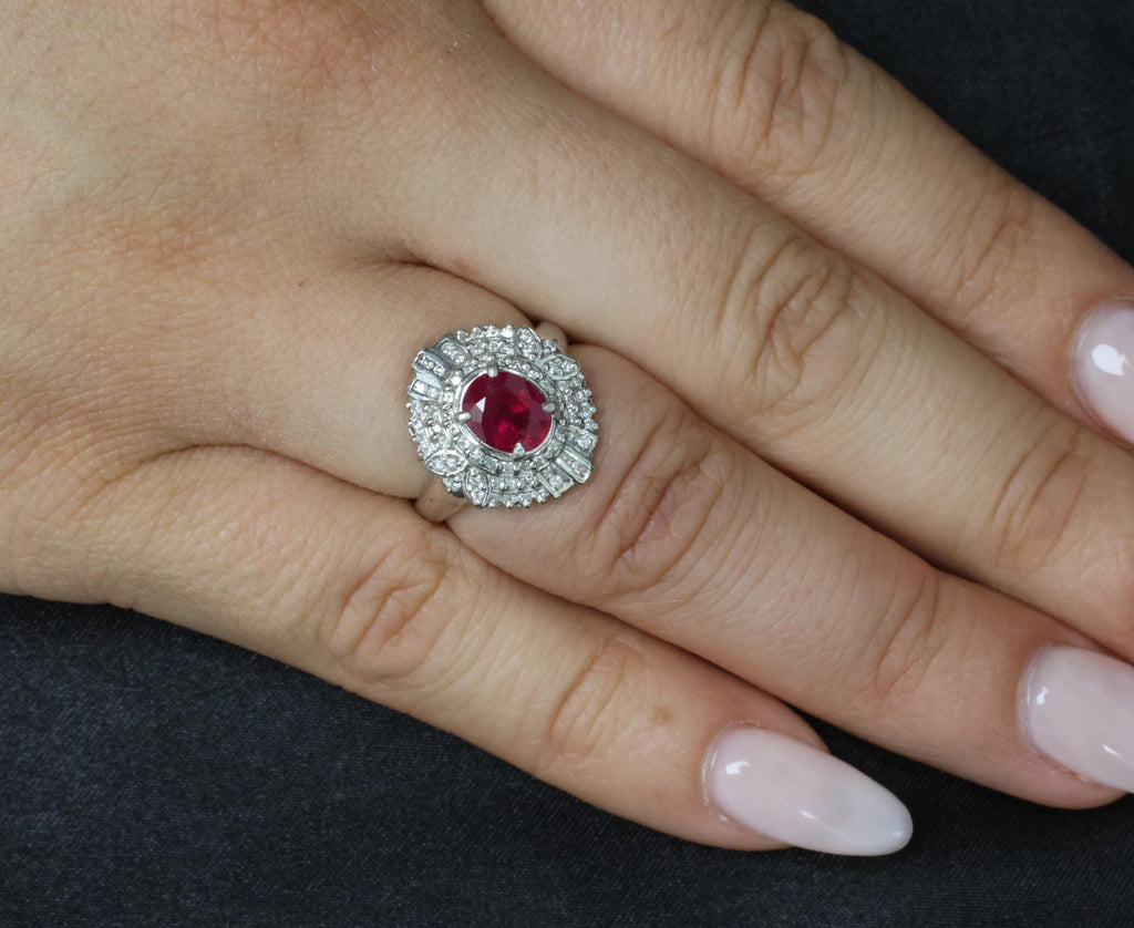 Fine Intense Red 1.58ct GIA Burma Ruby & 0.39ct Diamond Platinum Ring, Size 6.25