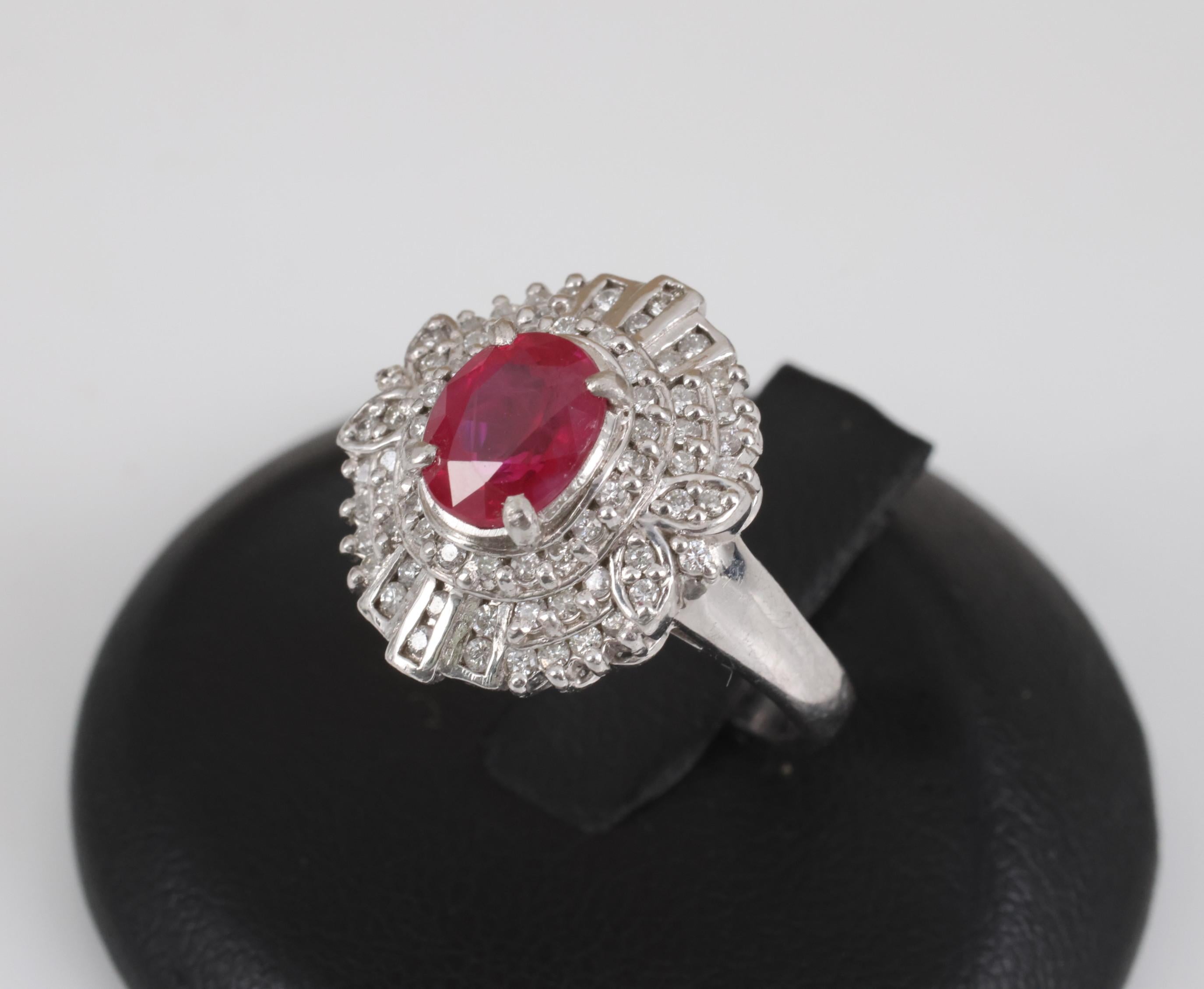 Fine Intense Red 1.58ct GIA Burma Ruby & 0.39ct Diamond Platinum Ring, Size 6.25