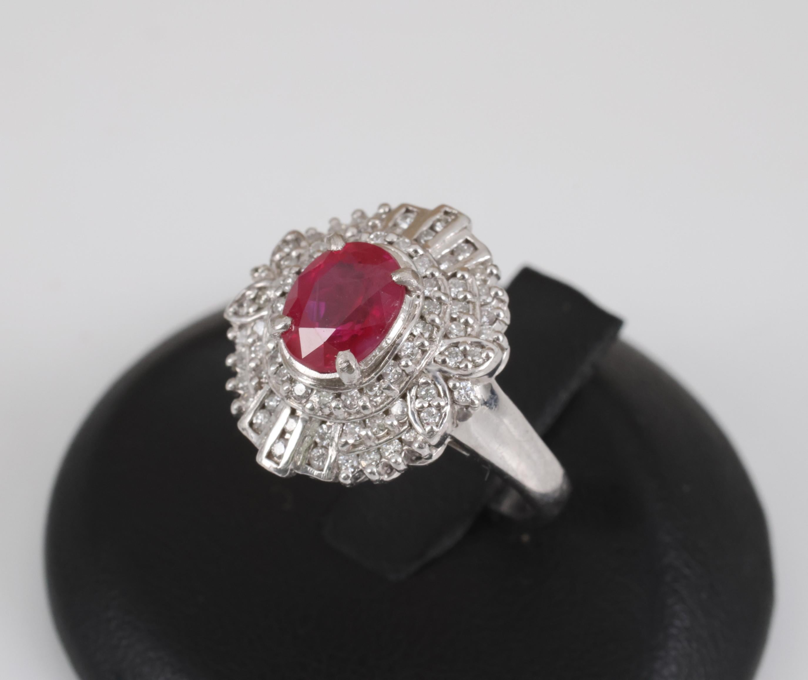 Fine Intense Red 1.58ct GIA Burma Ruby & 0.39ct Diamond Platinum Ring, Size 6.25