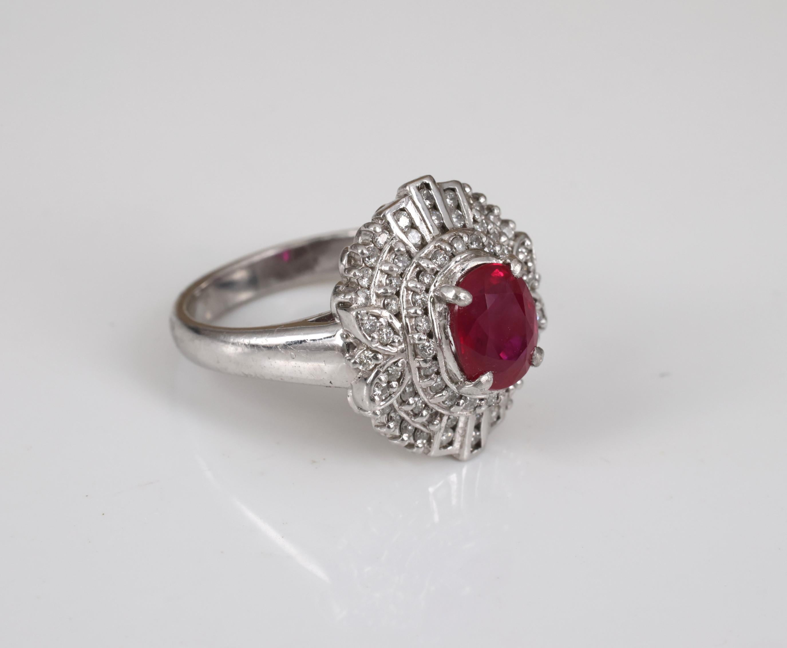 Fine Intense Red 1.58ct GIA Burma Ruby & 0.39ct Diamond Platinum Ring, Size 6.25
