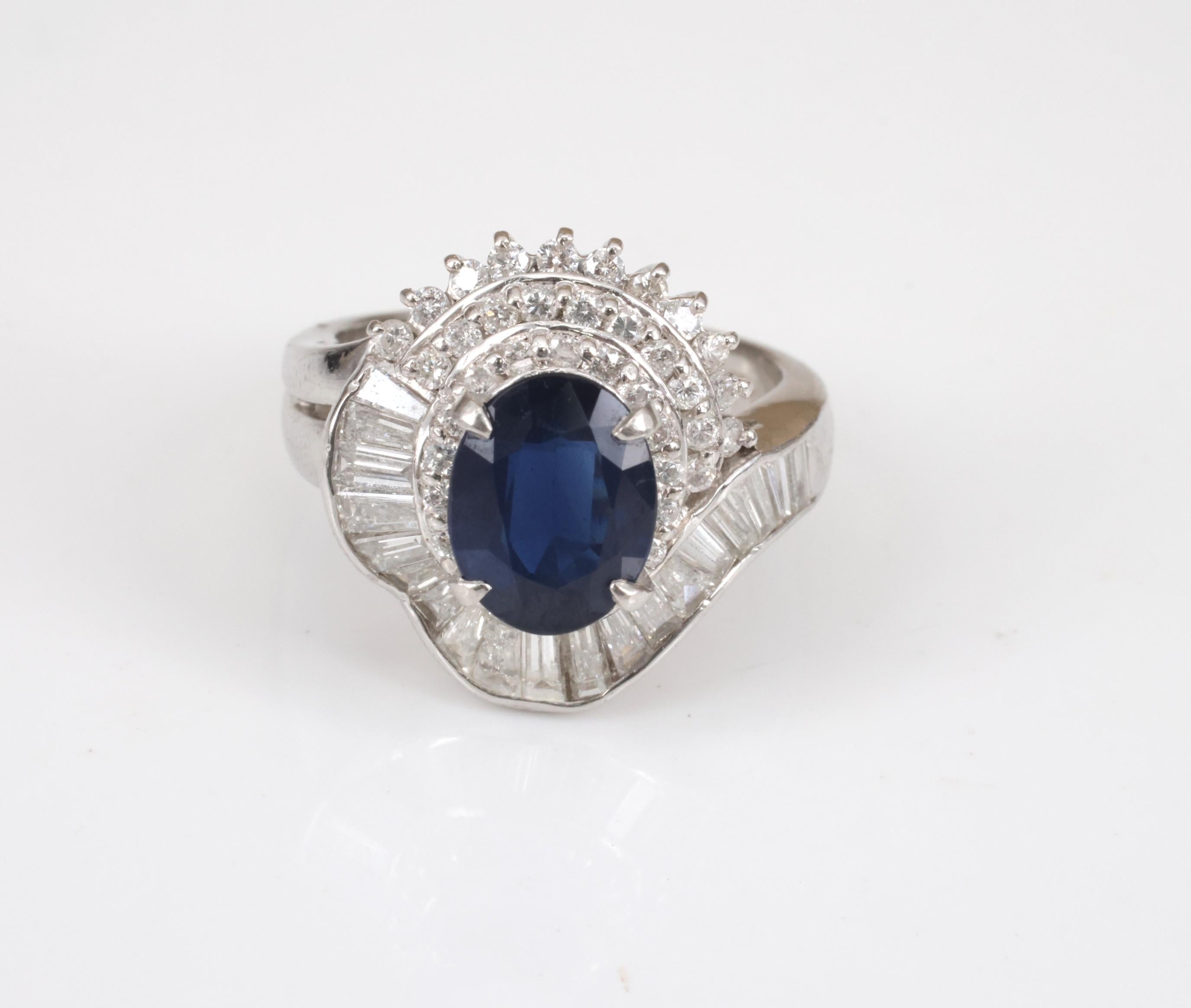 Vintage 2.16ct Royal Blue Sapphire & 1.42ct Diamond Platinum Ring, Size 5.75