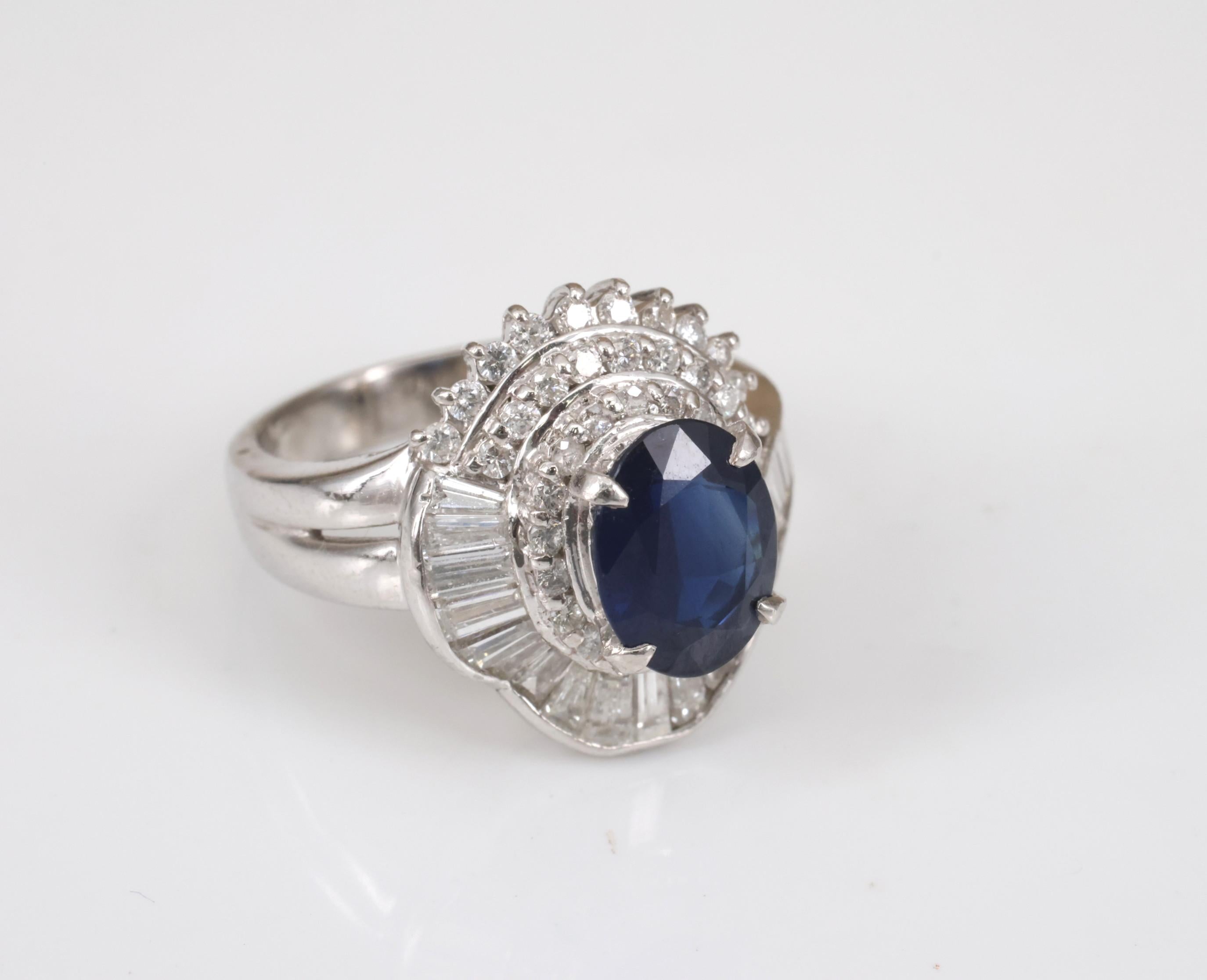 Vintage 2.16ct Royal Blue Sapphire & 1.42ct Diamond Platinum Ring, Size 5.75