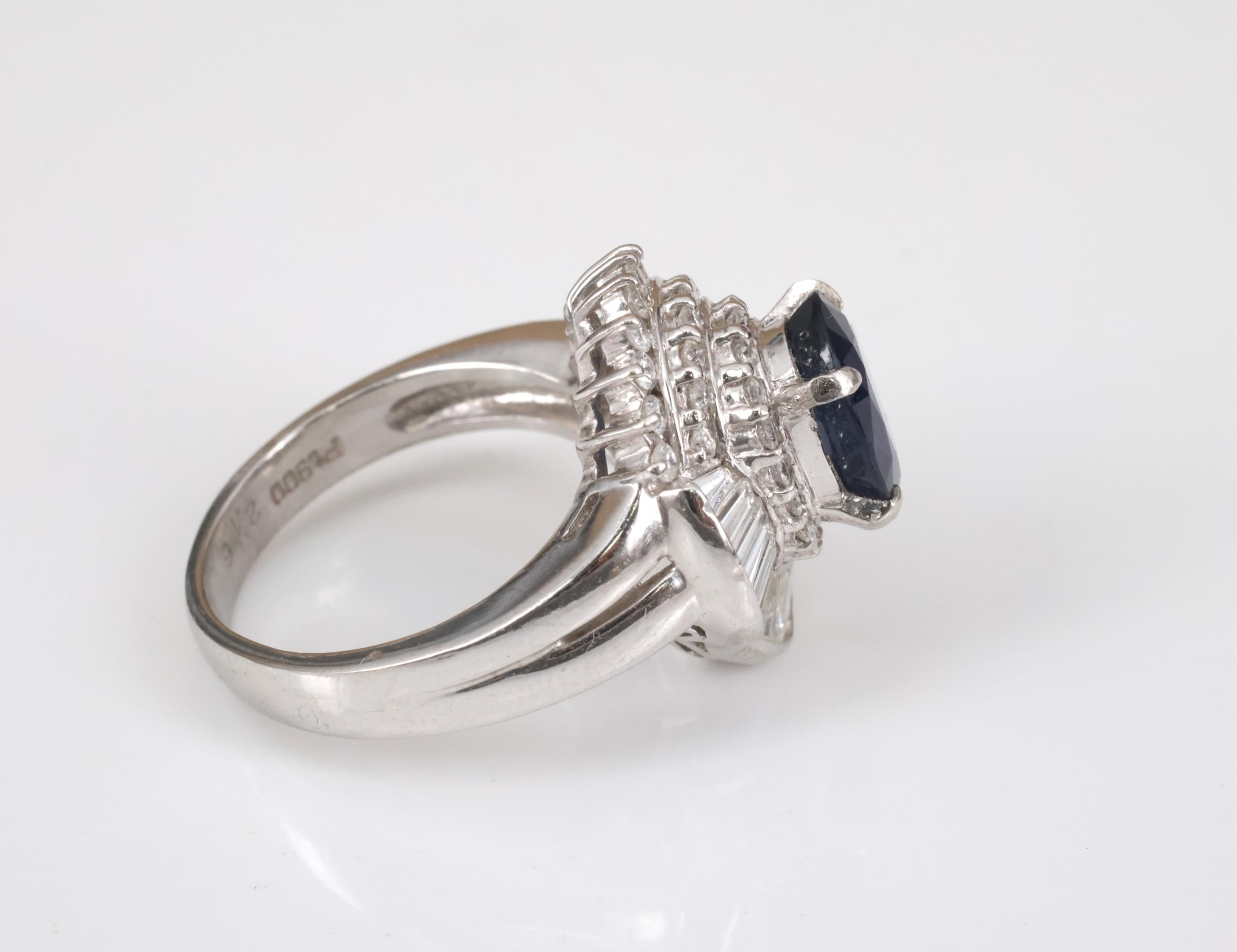 Vintage 2.16ct Royal Blue Sapphire & 1.42ct Diamond Platinum Ring, Size 5.75