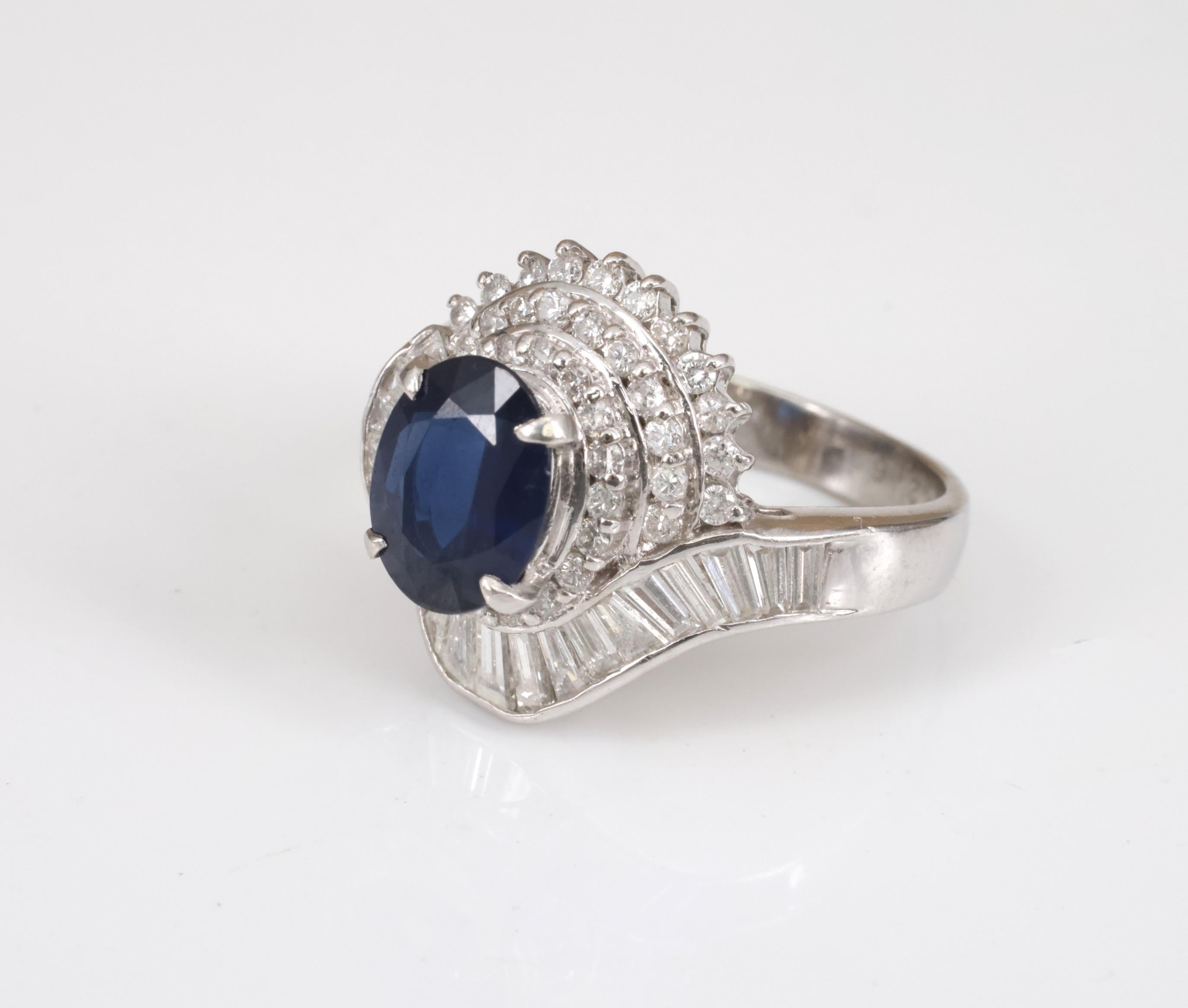 Vintage 2.16ct Royal Blue Sapphire & 1.42ct Diamond Platinum Ring, Size 5.75
