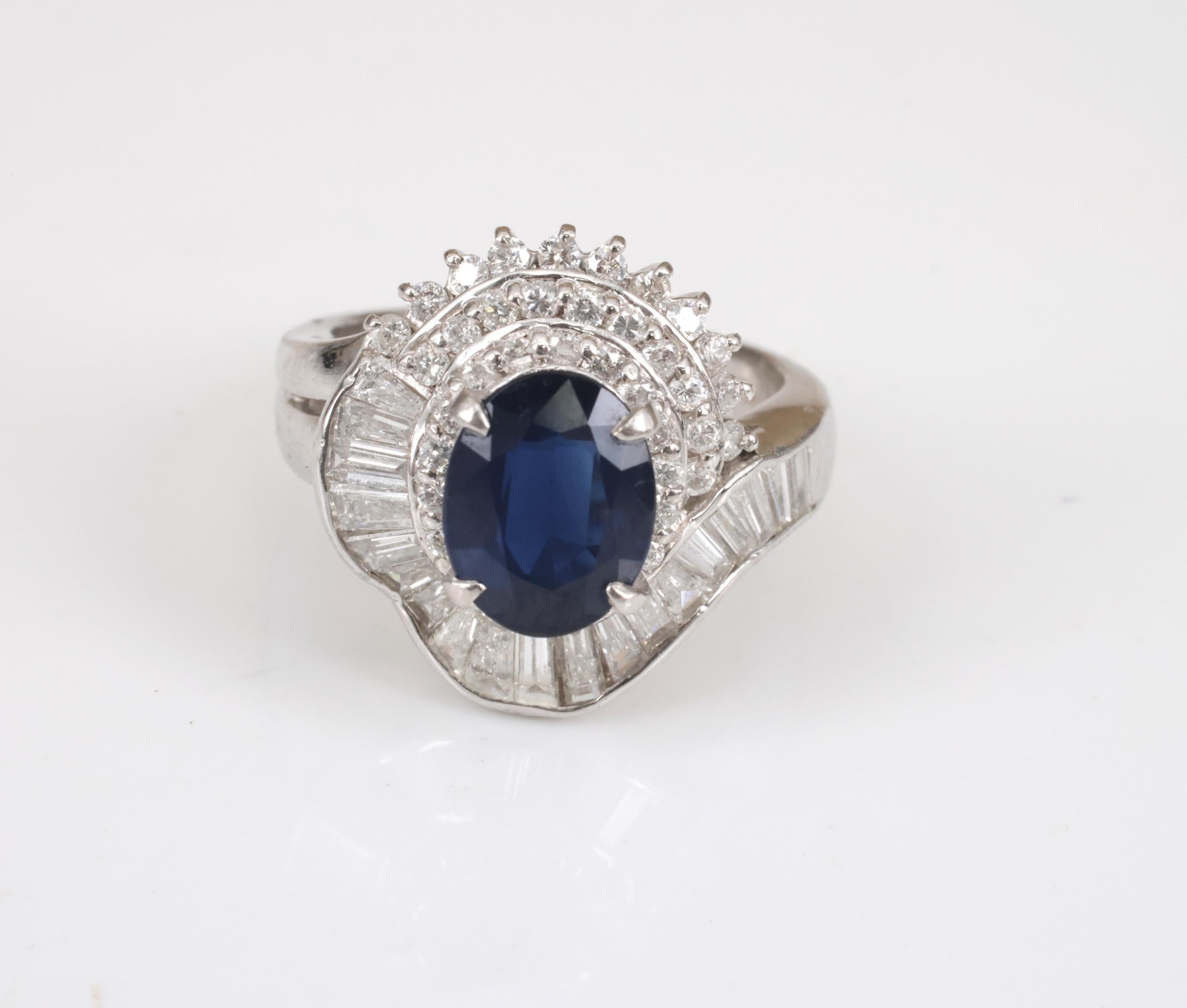 Vintage 2.16ct Royal Blue Sapphire & 1.42ct Diamond Platinum Ring, Size 5.75