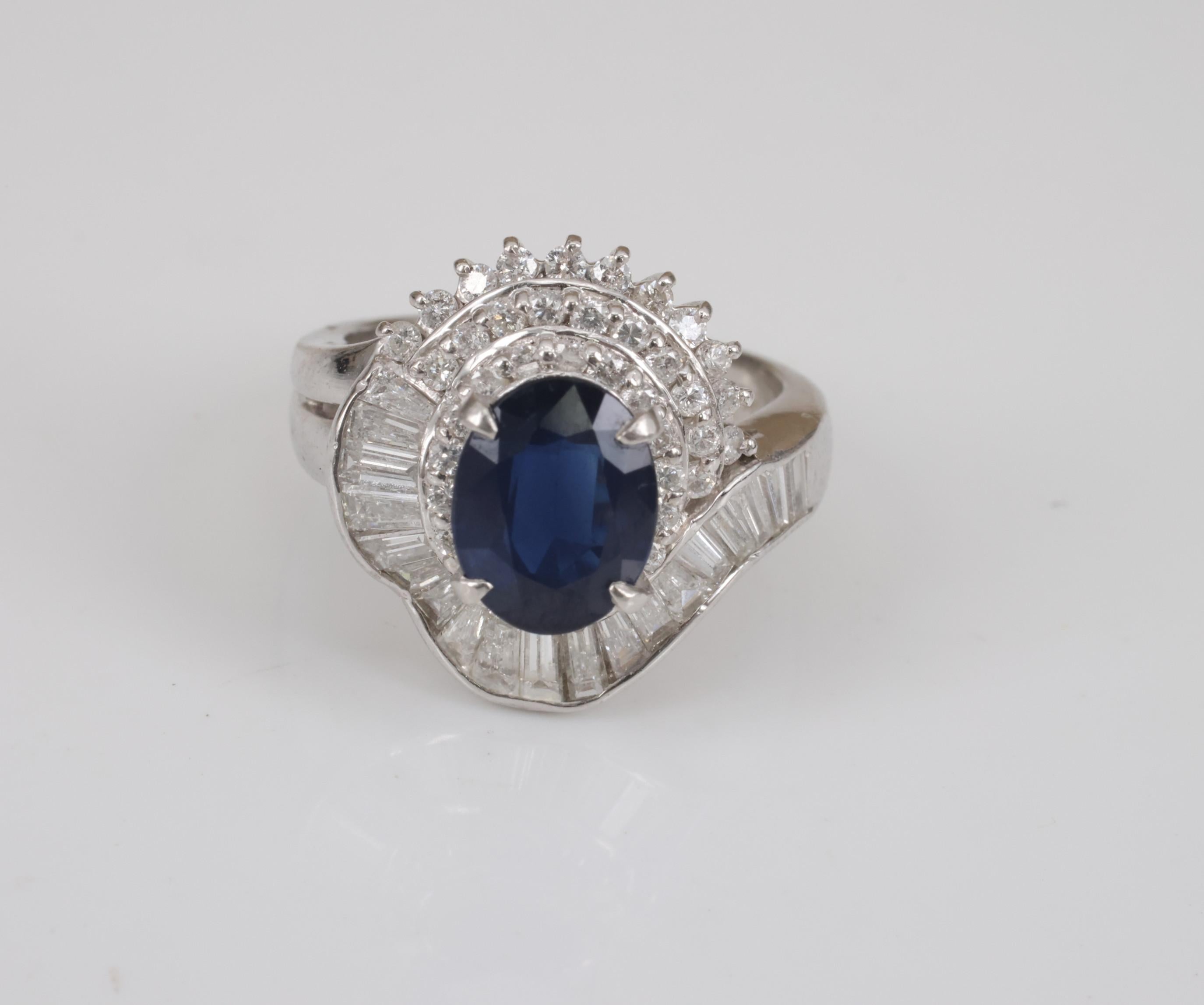 Vintage 2.16ct Royal Blue Sapphire & 1.42ct Diamond Platinum Ring, Size 5.75