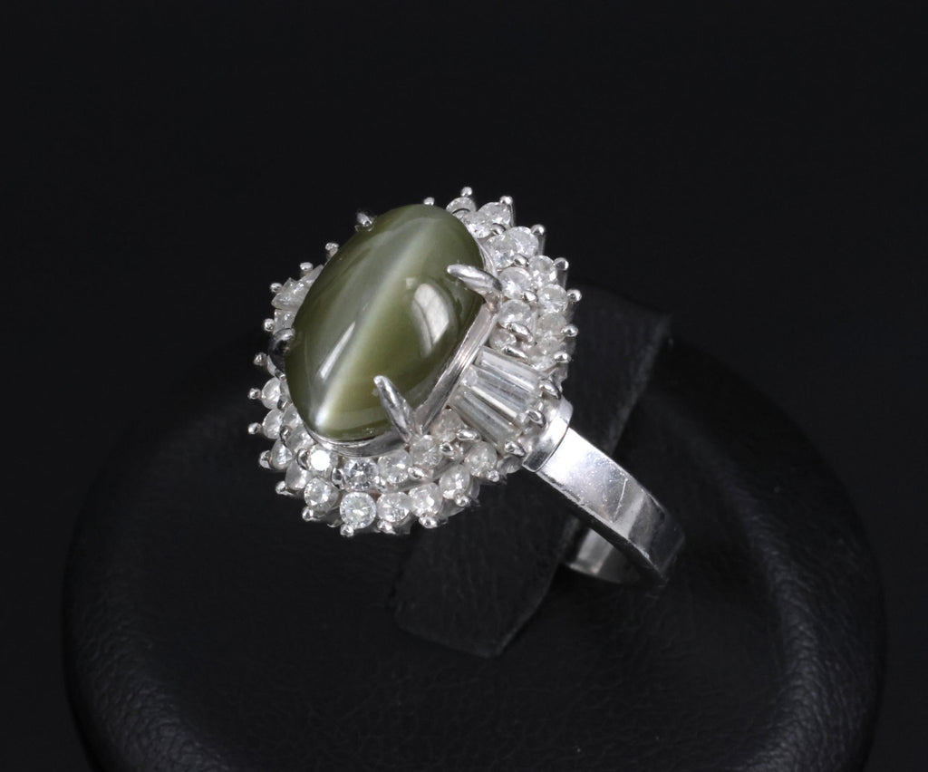 Vintage 5.33ct GIA Chrysoberyl Cat's Eye & 0.90ct Diamond Platinum Ring Size 7.5