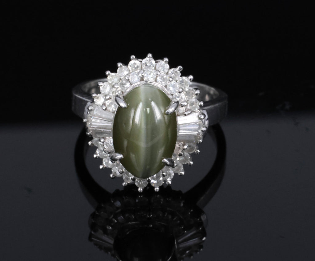 Vintage 5.33ct GIA Chrysoberyl Cat's Eye & 0.90ct Diamond Platinum Ring Size 7.5