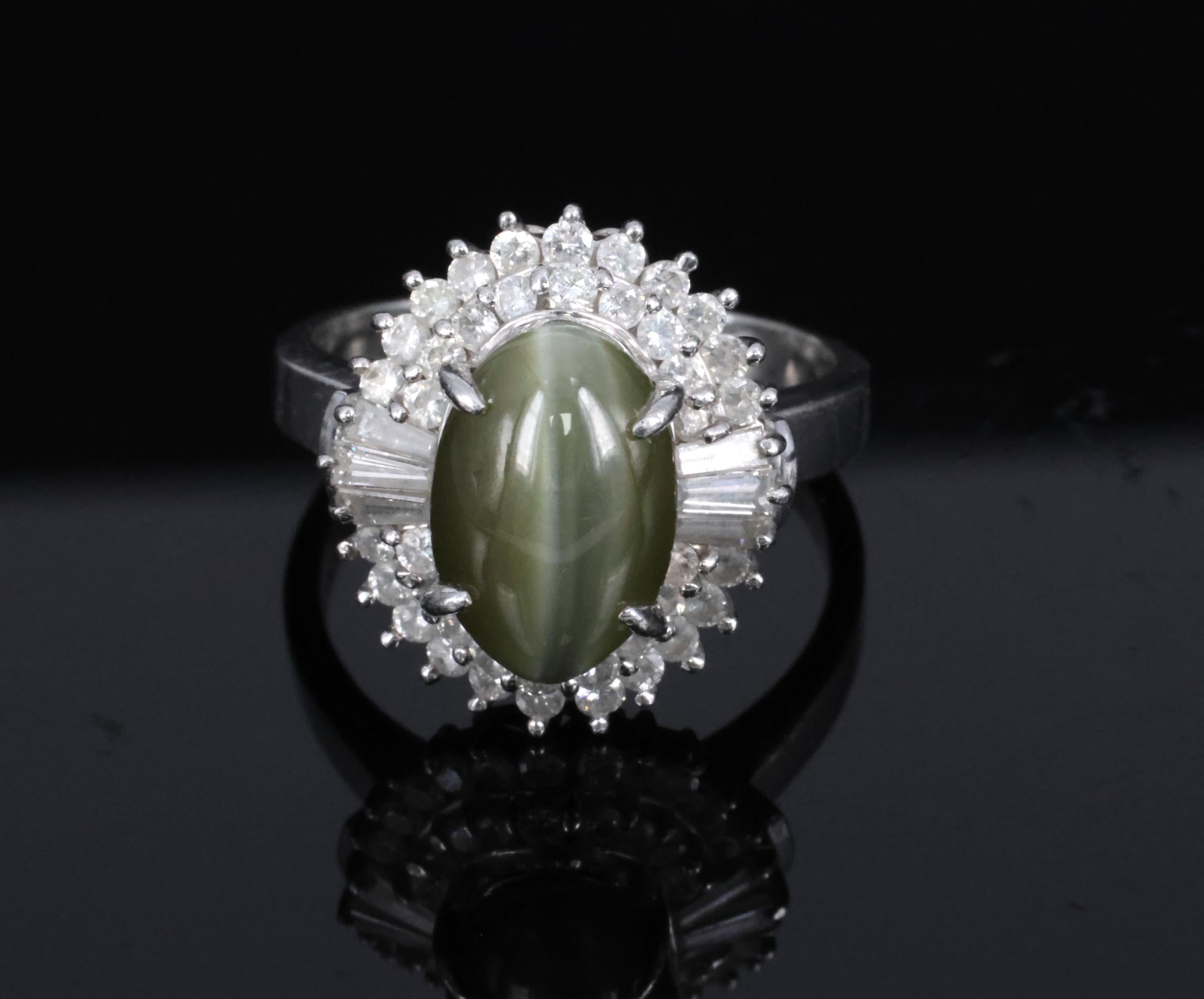 Vintage 5.33ct GIA Chrysoberyl Cat's Eye & 0.90ct Diamond Platinum Ring Size 7.5