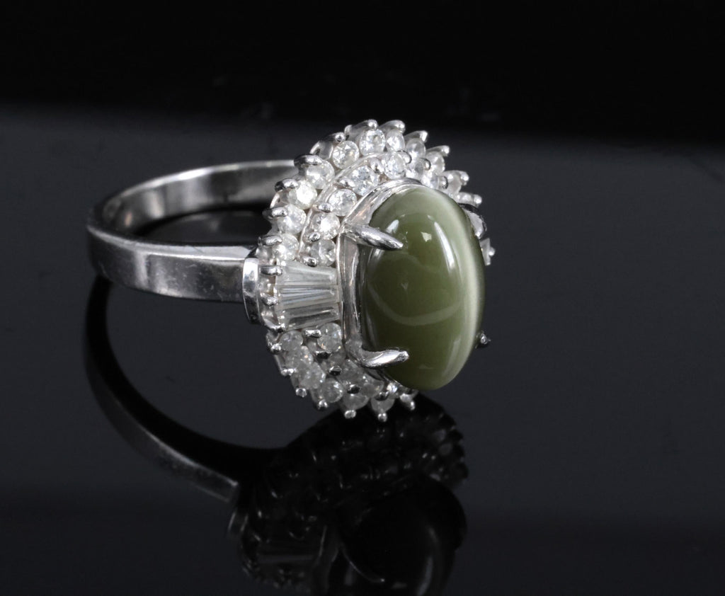 Vintage 5.33ct GIA Chrysoberyl Cat's Eye & 0.90ct Diamond Platinum Ring Size 7.5